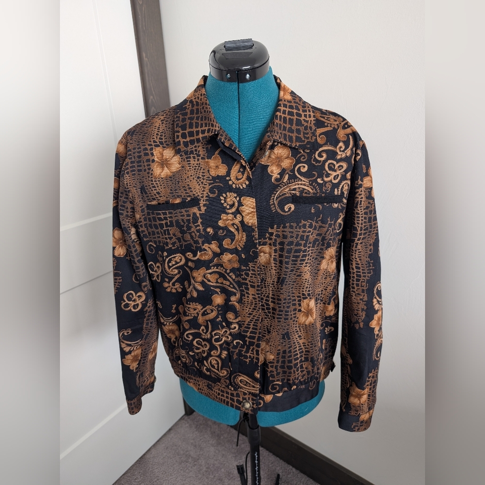 Coldwater Creek black and brown floral bomber jacket
